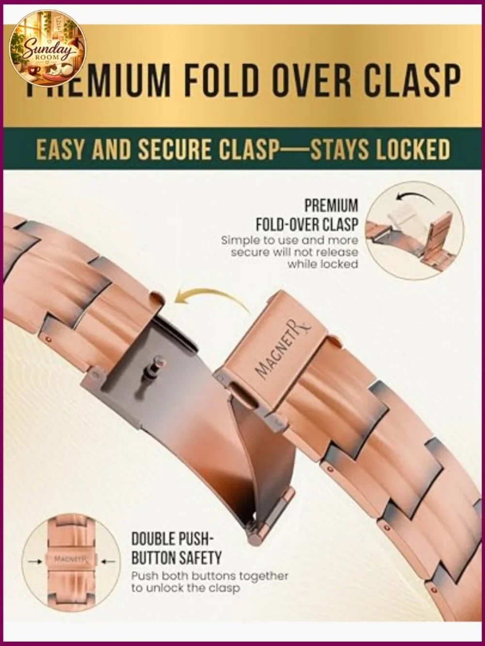 3X Strength Magnetic Copper Bracelet for Men Fold-Over Clasp Adjustable